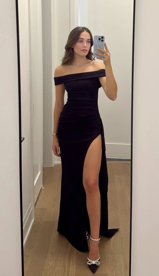 Elegant Mermaid Off The Shoulder Black Slit Prom Dresses Inspiration Unique Party Formal Graduation Dress B496