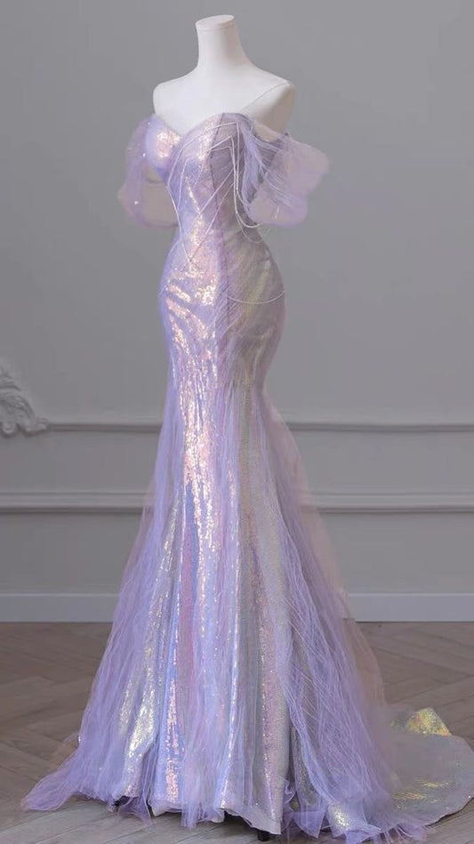 Elegant Mermaid Off The Shoulder Lilac Sequin Long Prom Dresses Inspiration Unique Party Formal Graduation Dress B500