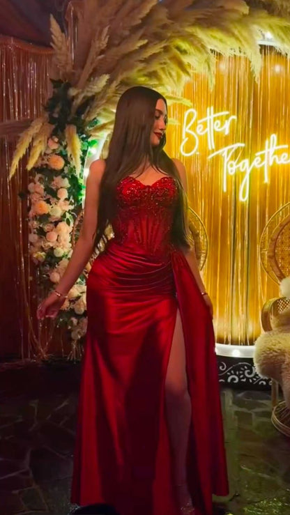 Stunning Mermaid Spaghetti Straps Red Satin Slit Prom Dresses Inspiration Unique Party Formal Graduation Dress B502