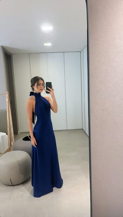 Simple A line Halter Backless Royal Blue Long Prom Dresses Party Dress Princess Graduation Dress B504