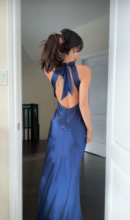 Simple A line Halter Backless Royal Blue Long Prom Dresses Party Dress Princess Graduation Dress B504