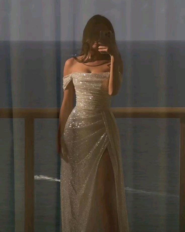 Modest Sheath Off The Shoulder White Sequin Slit Long Prom Dresses Party Dress Princess Graduation Dress B508