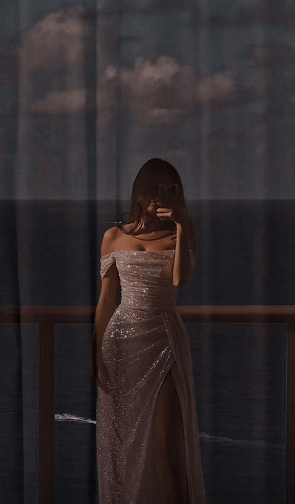 Modest Sheath Off The Shoulder White Sequin Slit Long Prom Dresses Party Dress Princess Graduation Dress B508