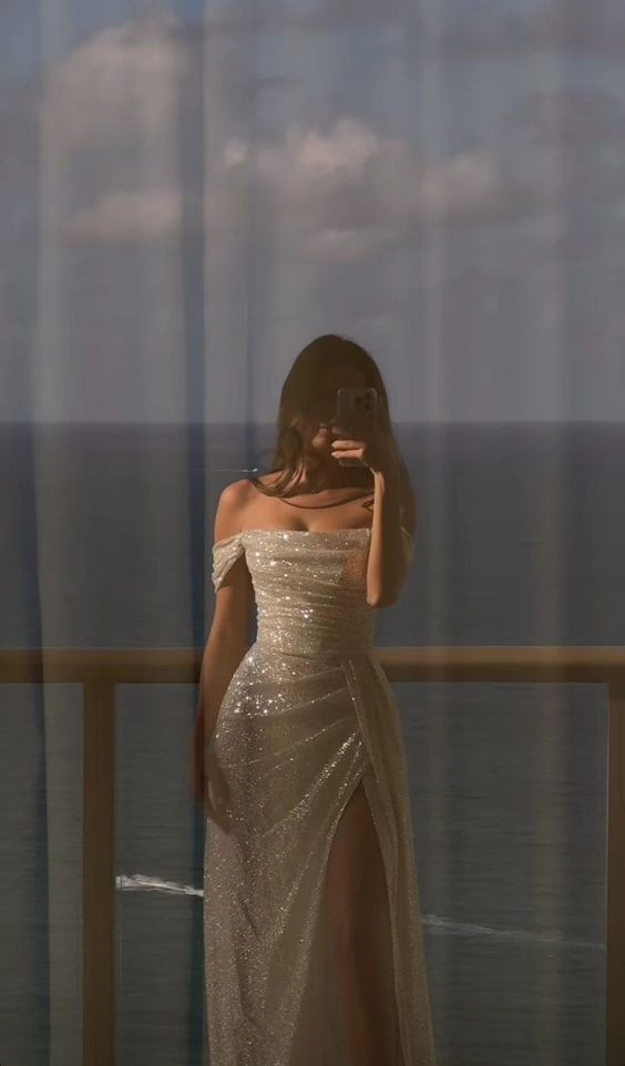 Modest Sheath Off The Shoulder White Sequin Slit Long Prom Dresses Party Dress Princess Graduation Dress B508