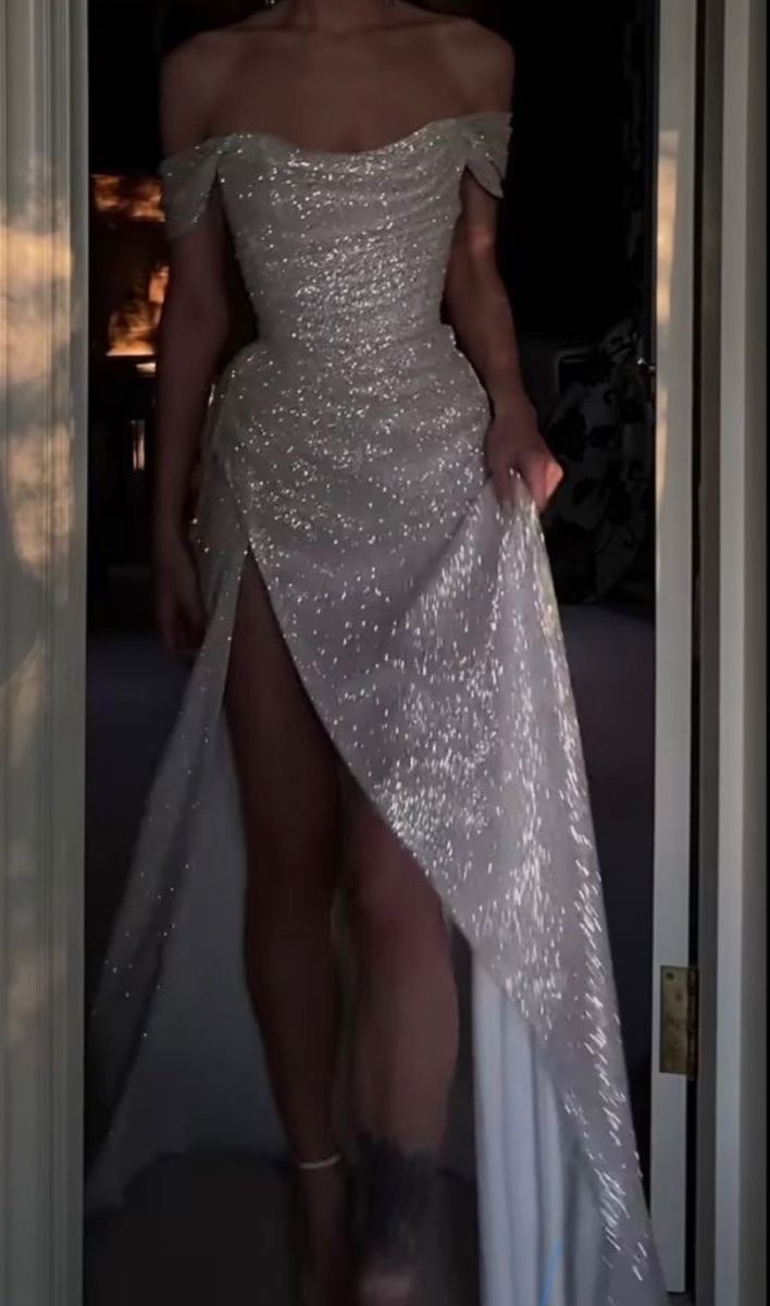 Timeless Sheath Off The Shoulder White Sequin Slit Long Prom Dresses Party Dress Birthday Outfits Graduation Dress B509