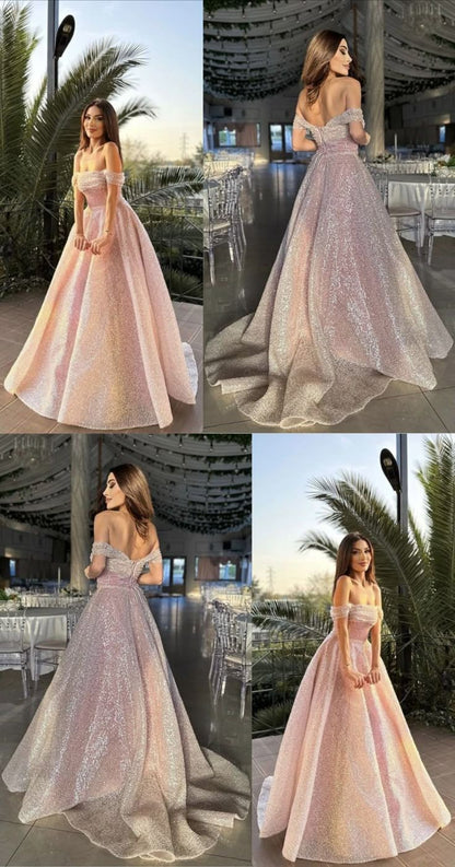 Modest Ball Gown Off The Shoulder Blush Pink Sequin Long Prom Dresses Party Dress 18th Birthday Outfits Graduation Dress B517