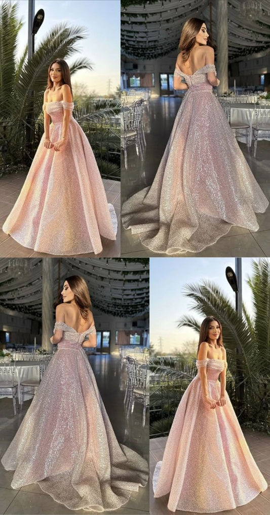 Modest Ball Gown Off The Shoulder Blush Pink Sequin Long Prom Dresses Party Dress 18th Birthday Outfits Graduation Dress B517