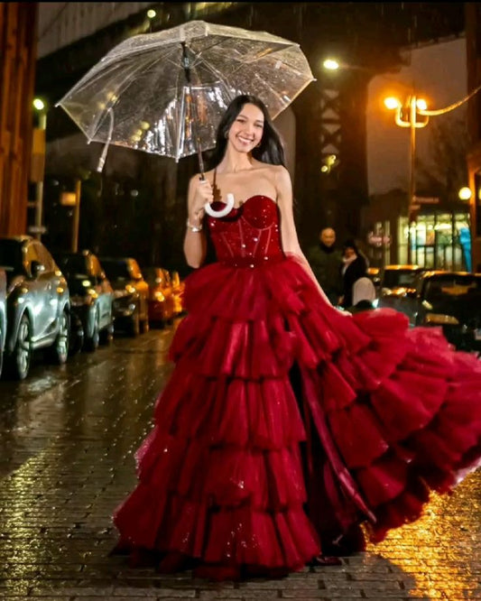 Charming Ball Gown Strapless Red Tulle Prom Dresses Inspiration Prom Dress Princess Graduation Dress B521