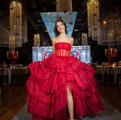 Charming Ball Gown Strapless Red Tulle Prom Dresses Inspiration Prom Dress Princess Graduation Dress B521