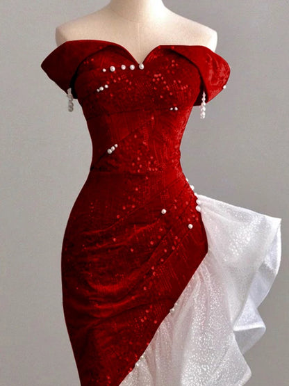 Elegant Mermaid Off The Shoulder Pink With Short Sleeves Formal Dress  Sequin Birthday Prom Dresses N2816