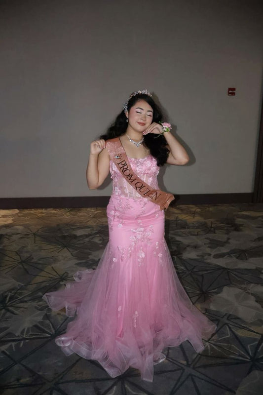 Elegant Mermaid Spaghetti Straps Pink Lace Long Prom Dresses Inspiration Trending Prom Gowns Formal Party Dress B523