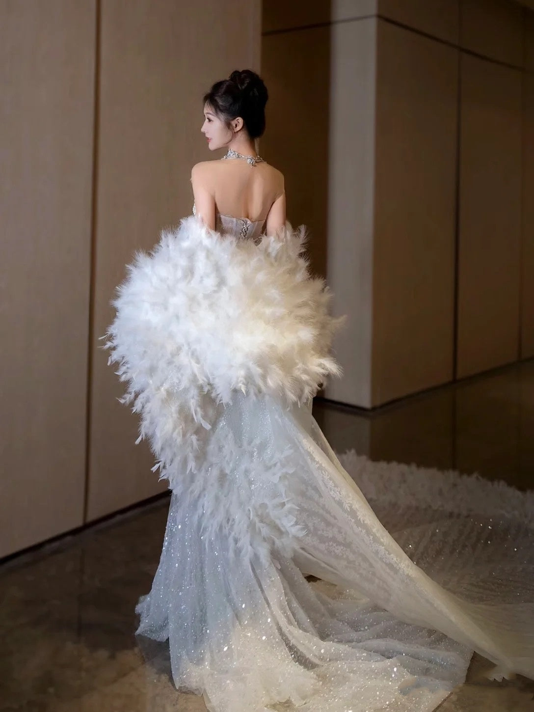 Dreamy Mermaid Jewel Neck Long Tulle Sequin Wedding Dress Fairy Formal Wedding Dresses B53
