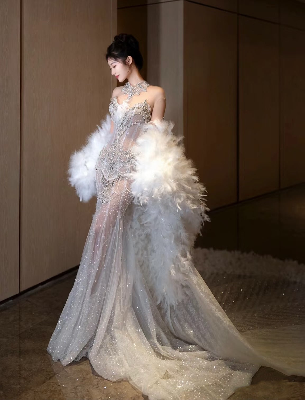 Dreamy Mermaid Jewel Neck Long Tulle Sequin Wedding Dress Fairy Formal Wedding Dresses B53