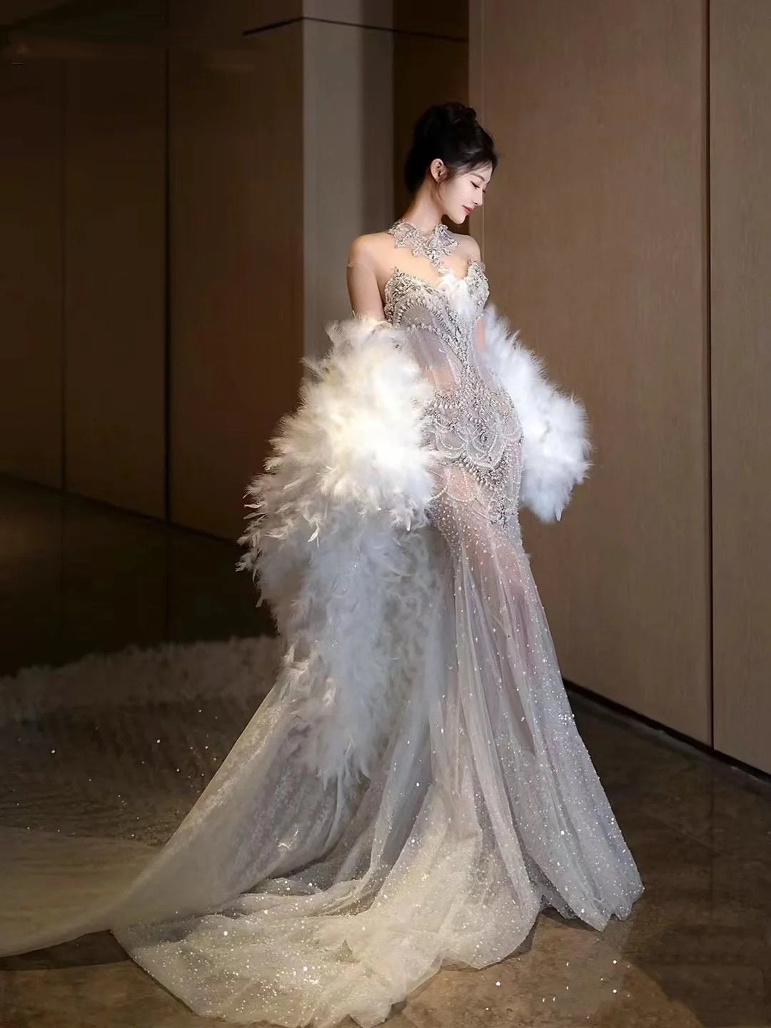 Dreamy Mermaid Jewel Neck Long Tulle Sequin Wedding Dress Fairy Formal Wedding Dresses B53
