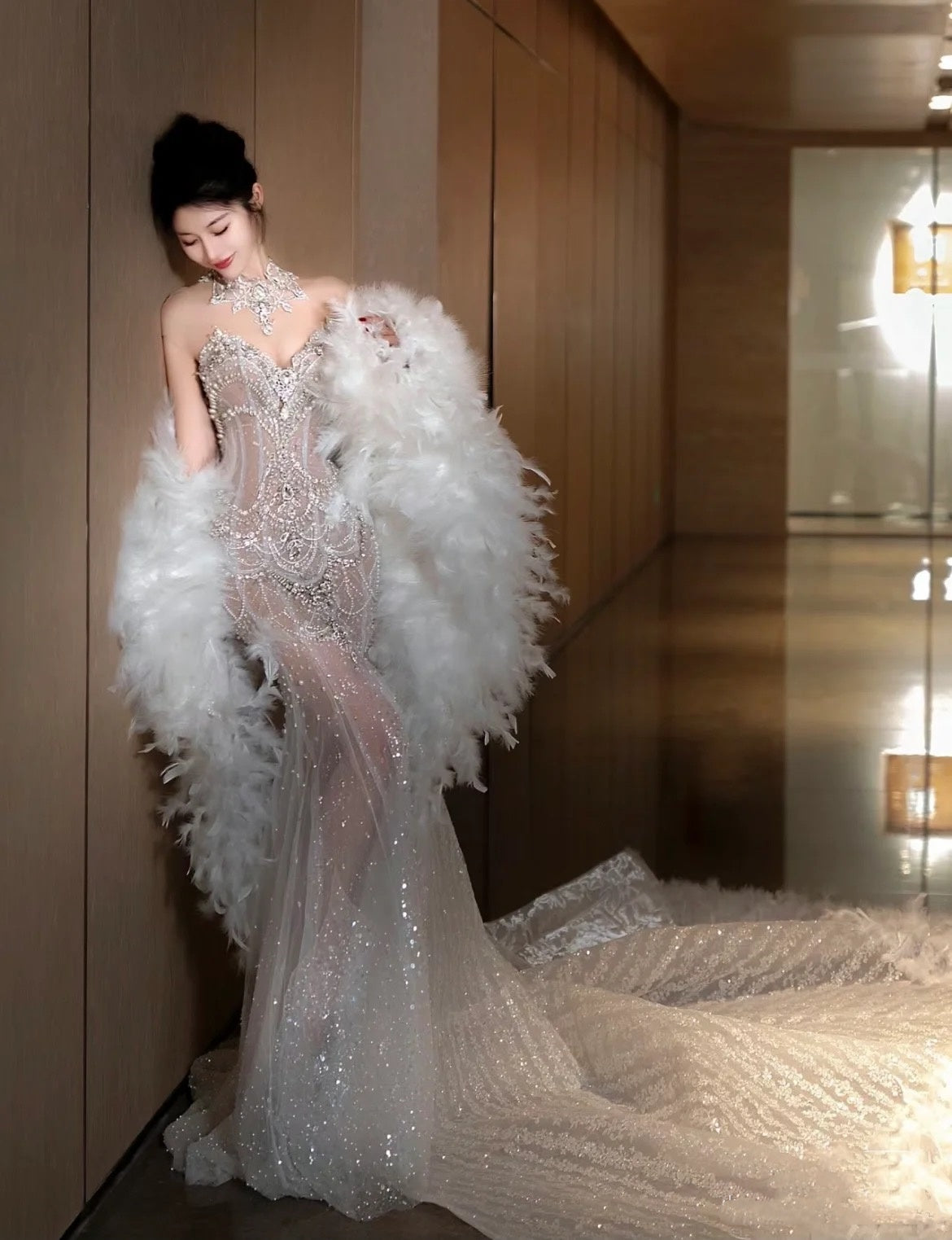 Dreamy Mermaid Jewel Neck Long Tulle Sequin Wedding Dress Fairy Formal Wedding Dresses B53