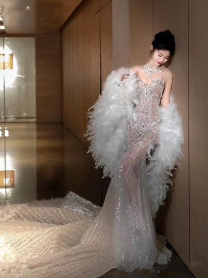 Dreamy Mermaid Jewel Neck Long Tulle Sequin Wedding Dress Fairy Formal Wedding Dresses B53