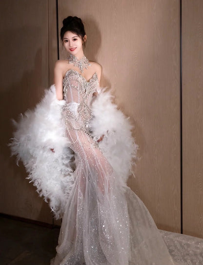 Dreamy Mermaid Jewel Neck Long Tulle Sequin Wedding Dress Fairy Formal Wedding Dresses B53