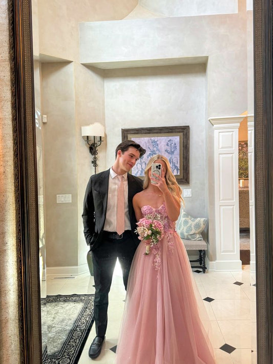 Charming A Line Sweetheart Pink Tulle Lace Prom Dresses Inspiration Prom Dress Princess Graduation Dress B538
