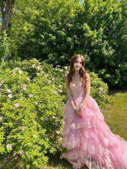 Elegant Ball Gown Straps Sleeveless Tulle Lace Slit Floor Length Light Pink Prom Dress Inspiration Ideas Prom Inspo Dresses Party Dress B539