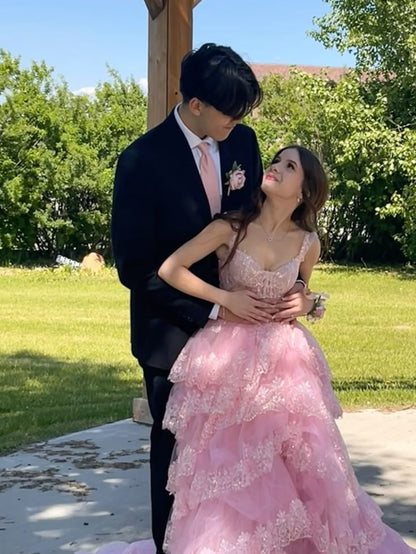 Elegant Ball Gown Straps Sleeveless Tulle Lace Slit Floor Length Light Pink Prom Dress Inspiration Ideas Prom Inspo Dresses Party Dress B539
