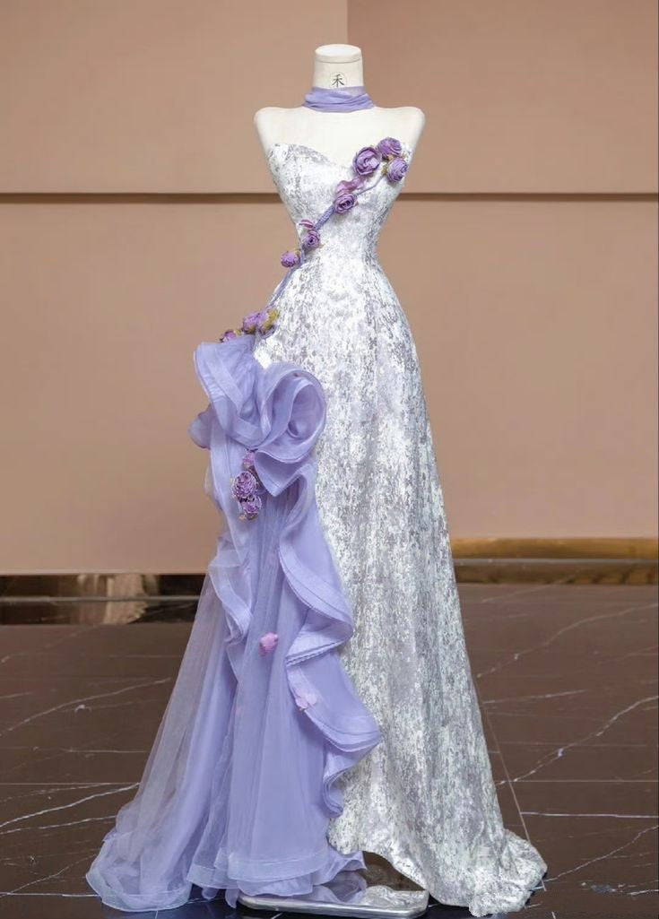 Elegant A line Sweetheart Sequin Long Floor Length Lilac Prom Dress Inspiration Long Prom Dresses B54