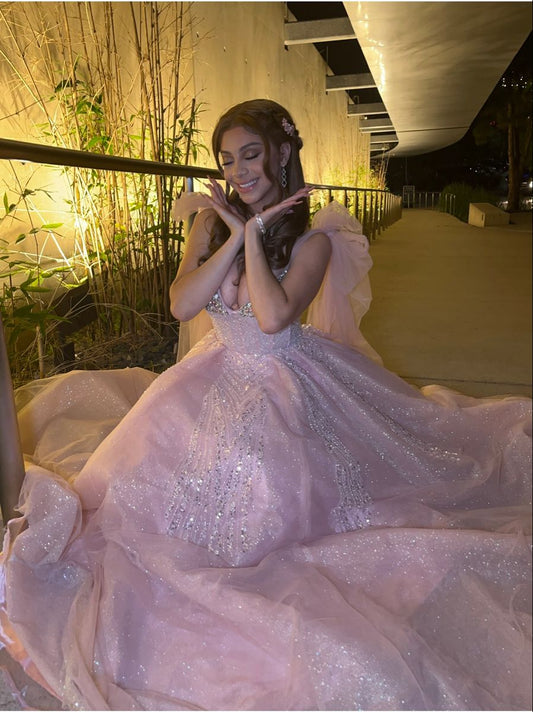 Elegant Ball Gown Straps Sleeveless Tulle Silver Beads Floor Length Light Pink Prom Dress Inspiration Ideas Prom Dresses Inspo Party Dress B540