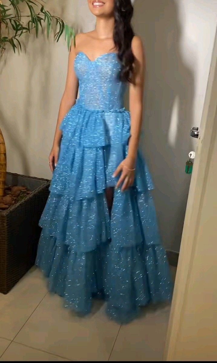 Modest Ball Gown Sweetheart Blue Slit Sequin Long Prom Dresses Party Dress 18th Birthday Outfits Graduation Dress B544