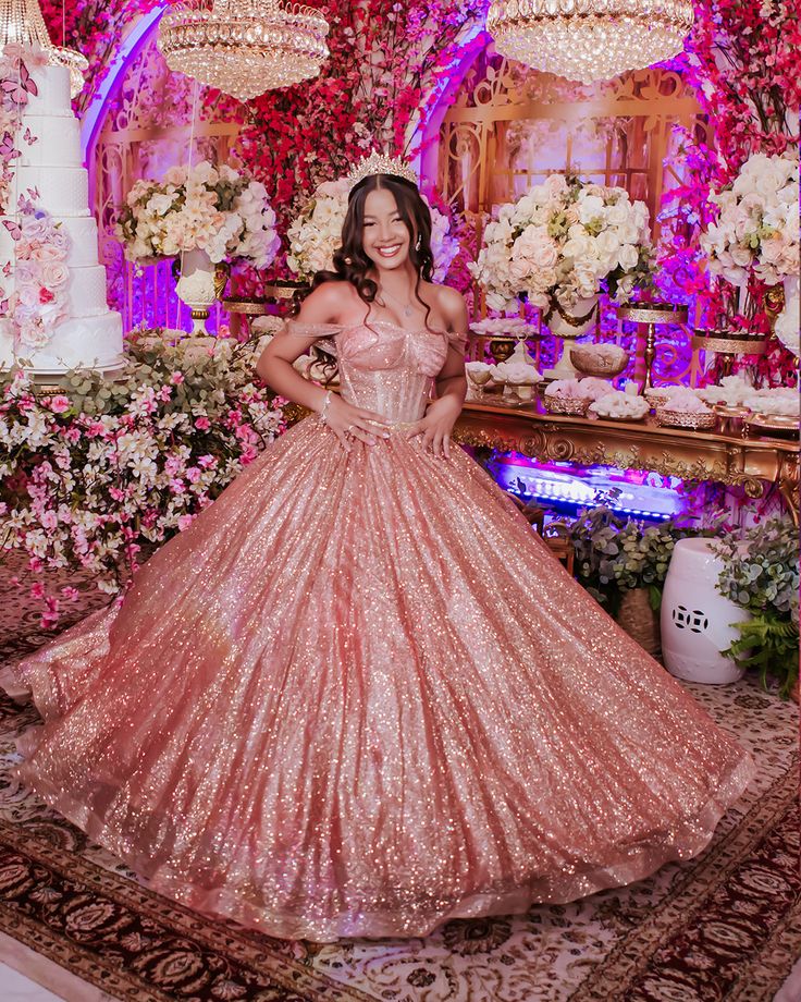 Modest Ball Gown Off The Shoulder Blush Pink Sequin Long Prom Dresses Party Dress 18th Birthday Outfits Graduation Dress B547