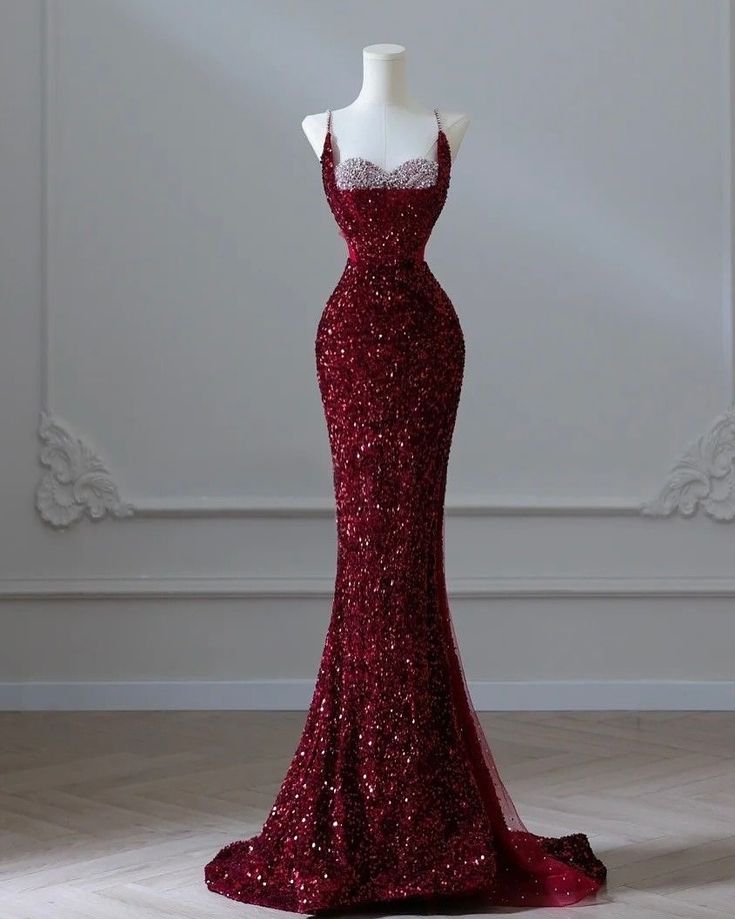 Elegant Mermaid Spaghetti Straps Sequin Long Floor Length Burgundy Prom Dress Inspiration Long Prom Dresses B56