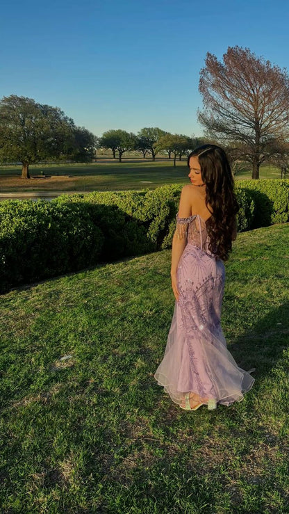 Elegant Mermaid Off The Shoulder Light Grape Lilac Tulle Long Prom Dress Inspiration Ideas Prom Dresses Inspo Party Dress B560