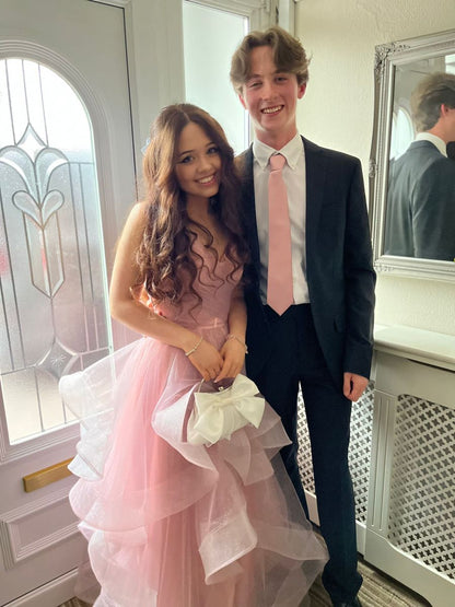 Modest Ball Gown Spaghetti Straps Blush Pink Tulle Long Prom Dresses Party Dress 18th Birthday Outfits Graduation Dress B562