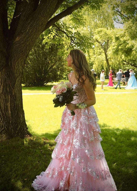 Elegant Ball Gown Sleeveless Lace Slit Floor Length Light Pink Prom Dress Inspiration Ideas Prom Inspo Dresses Party Dress RB724