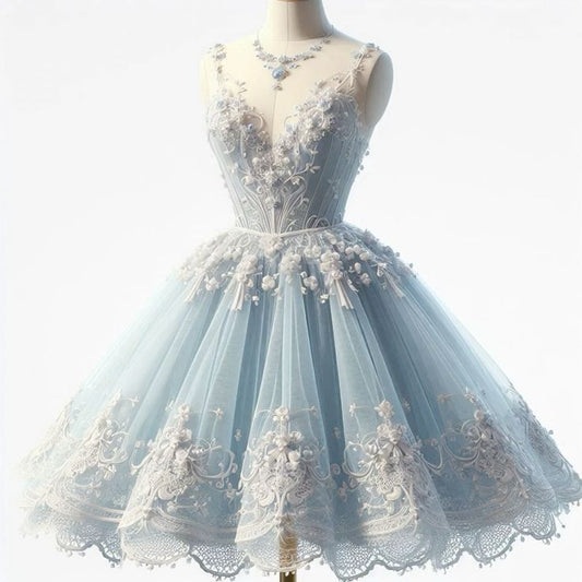 Romantic Ball Gown Straps Light Blue Lace Short 16th Birthday Dress Homecoming Dresses Cocktail Gown B574