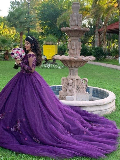 Modest Quinceanera Dresses Ball Gown Off The Shoulder Grape Tulle Lace Birthday Gowns Vestidos De 15 Anos Formal Party Long Sweet 16 Dress B577