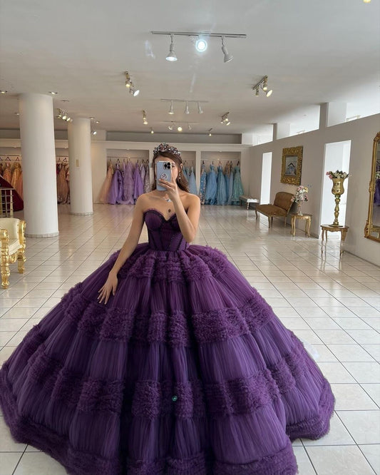 Modest Quinceanera Dresses Ball Gown Sweetheart Long Purple Tulle Birthday Gowns Vestidos De 15 Anos Formal Party Long Sweet 16 Dress B583