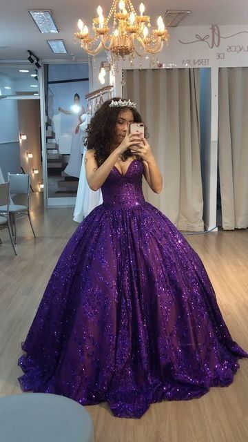 Modest Quinceanera Dresses Ball Gown Sweetheart Long Purple Sequin Birthday Gowns Vestidos De 15 Anos Formal Party Long Sweet 16 Dress B584