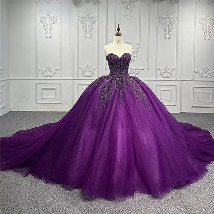 Cheap Quinceanera Dresses Ball Gown Sweetheart Dark Purple Tulle Birthday Gowns Vestidos De 15 Anos Formal Party Long Sweet 16 Dress B588