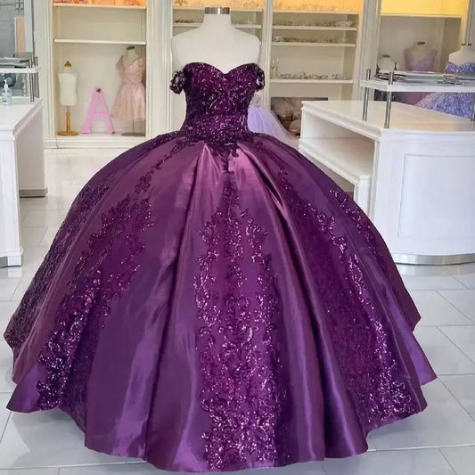 Modest Quinceanera Dresses Ball Gown Off The Shoulder Purple Sequin Appliques Birthday Gowns Vestidos De 15 Anos Formal Party Long Sweet 16 Dress B589