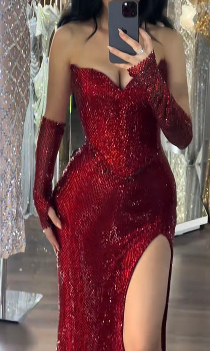 Elegant Mermaid Sweetheart Sequin Long Floor Length Burgundy Prom Dress Inspiration Slit Prom Dresses B59