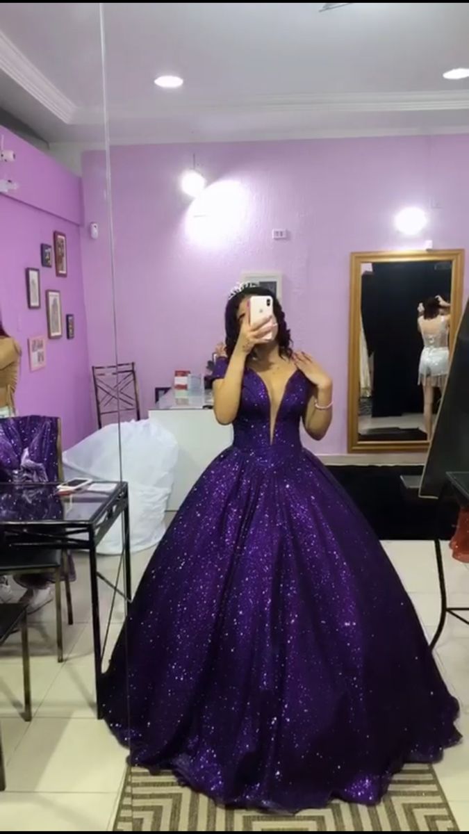 Modest Quinceanera Dresses Ball Gown Off The Shoulder Purple Sequin Birthday Gowns Vestidos De 15 Anos Formal Party Long Sweet 16 Dress B590
