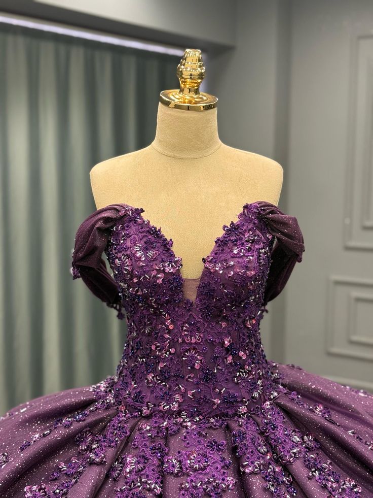 Modest Quinceanera Dresses Ball Gown Off The Shoulder Purple Sequin Lace Birthday Gowns Vestidos De 15 Anos Formal Party Long Sweet 16 Dress B592