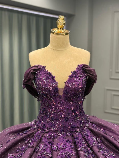 Modest Quinceanera Dresses Ball Gown Off The Shoulder Purple Sequin Lace Birthday Gowns Vestidos De 15 Anos Formal Party Long Sweet 16 Dress B592