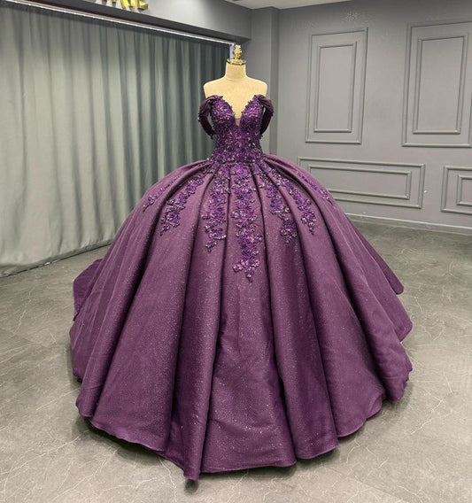 Modest Quinceanera Dresses Ball Gown Off The Shoulder Purple Sequin Lace Birthday Gowns Vestidos De 15 Anos Formal Party Long Sweet 16 Dress B592