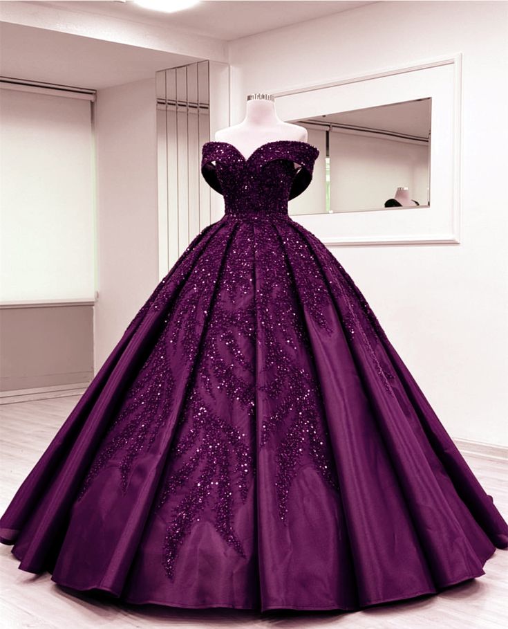 Modest Quinceanera Dresses Ball Gown Off The Shoulder Dark Purple Satin Birthday Gowns Vestidos De 15 Anos Formal Party Long Sweet 16 Dress B593