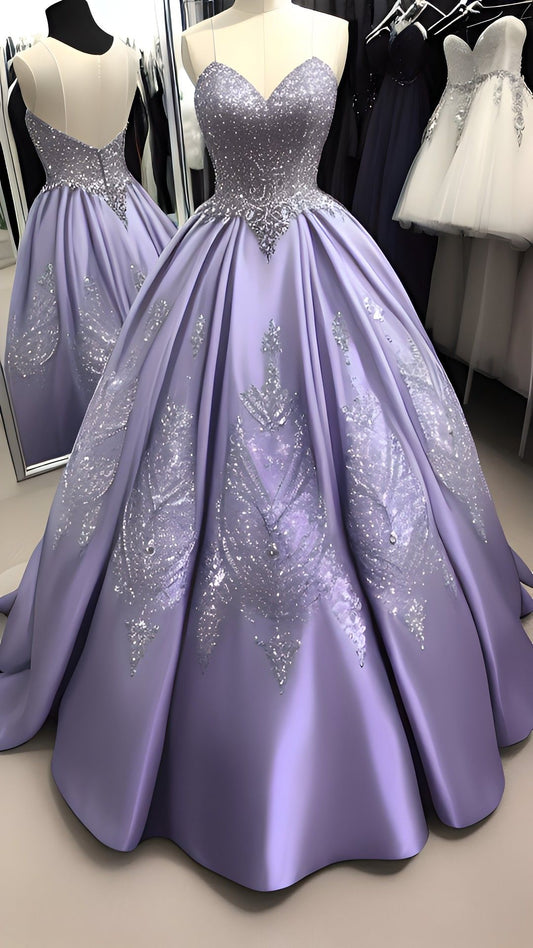 Charming Ball Gown Sweetheart Lilac Satin Prom Dresses Inspiration Party Dress Princess Graduation Dress B595