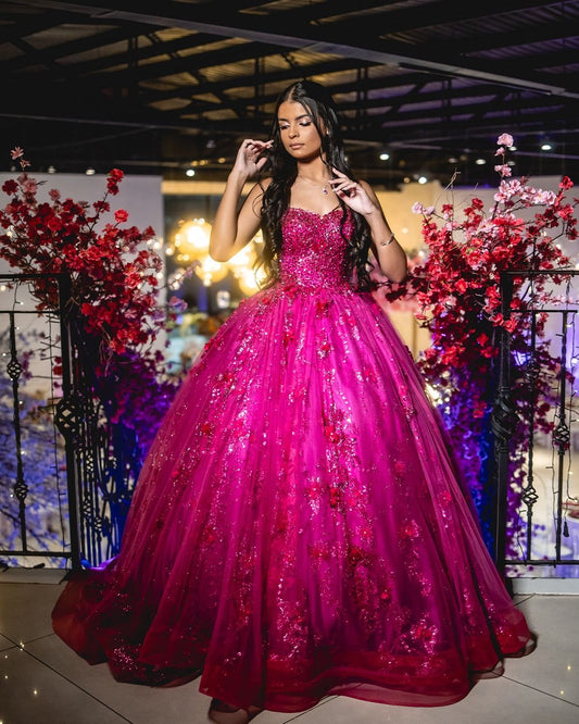 Charming Ball Gown Sweetheart Sequin Hot Pink Prom Dresses Inspiration Party Dress Princess Graduation Dress B599
