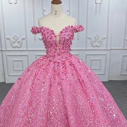 Modest Quinceanera Dresses Ball Gown Off The Shoulder Sequin Pink Birthday Gowns Vestidos De 15 Anos Formal Party Long Sweet 16 Dress B606