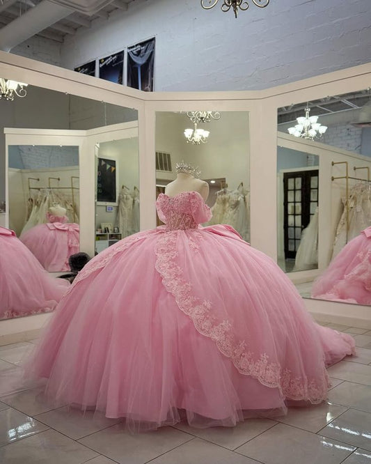 Modest Quinceanera Dresses Ball Gown Off The Shoulder Light Pink Tulle Birthday Gowns Vestidos De 15 Anos Formal Party Long Sweet 16 Dress B610