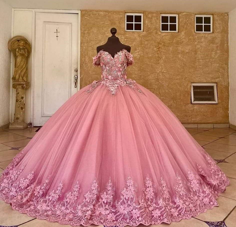 Cute Quinceanera Dresses Ball Gown Off The Shoulder Rose Pink Tulle Appliques Birthday Gowns Vestidos De 15 Anos Formal Party Long Sweet 16 Dress B613