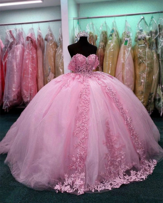 Cute Quinceanera Dresses Ball Gown Off The Shoulder Pink Tulle Appliques 20th Birthday Gowns Vestidos De 15 Anos Formal Party Long Sweet 16 Dress B614